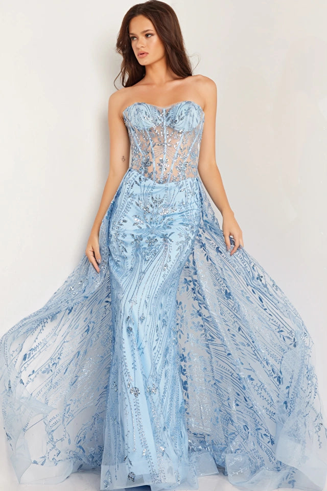 Jovani 26113 Long Prom Dress Fitted Mermaid Glitter Sequin Corset Over skirt Train Formal Pageant Gown