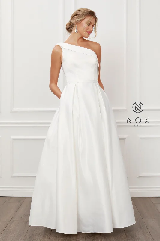 Nox Anabel E469  White Wedding Dress Formal Gown One Shoulder A line sizes 2, 8, 14