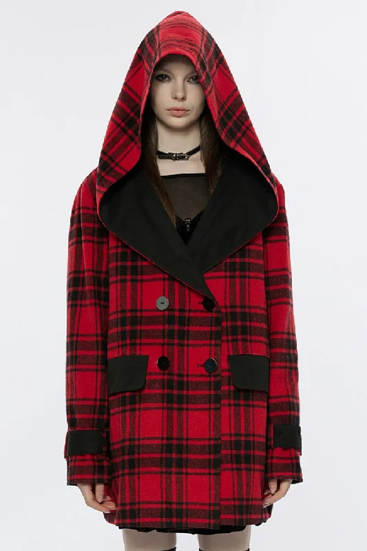 Black/Red Plaid Print Hooded Women's Punk College Style Coat