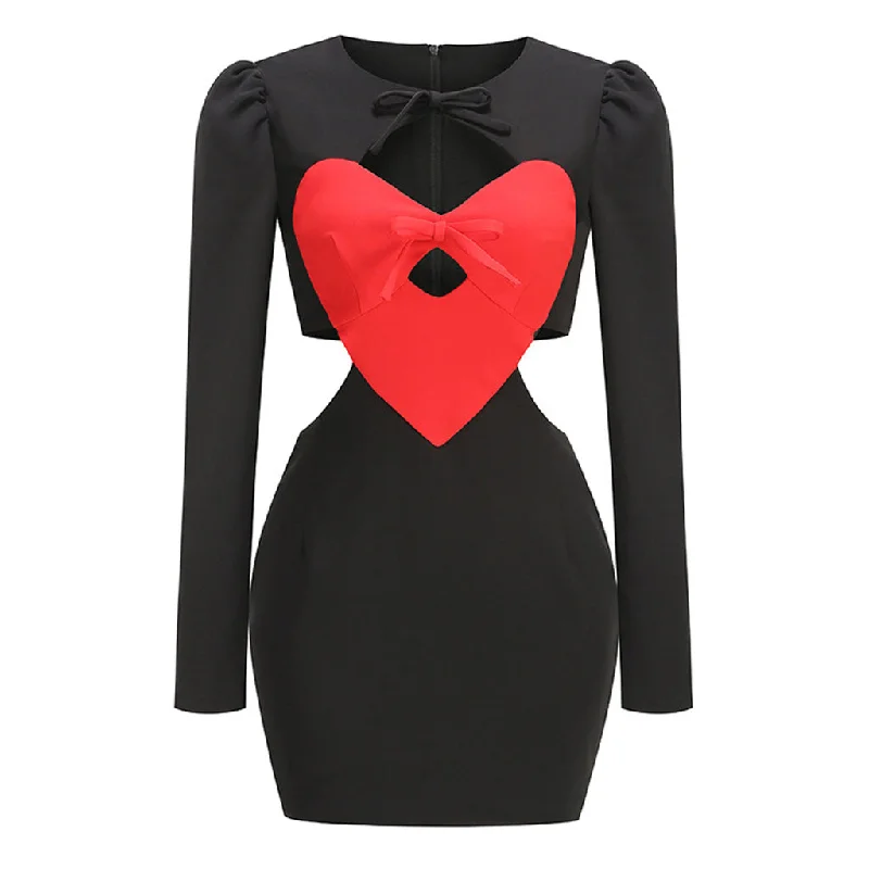 Rebellious Bow Tie Red Heart Cutout Puff Sleeve Bodycon Mini Party Dress