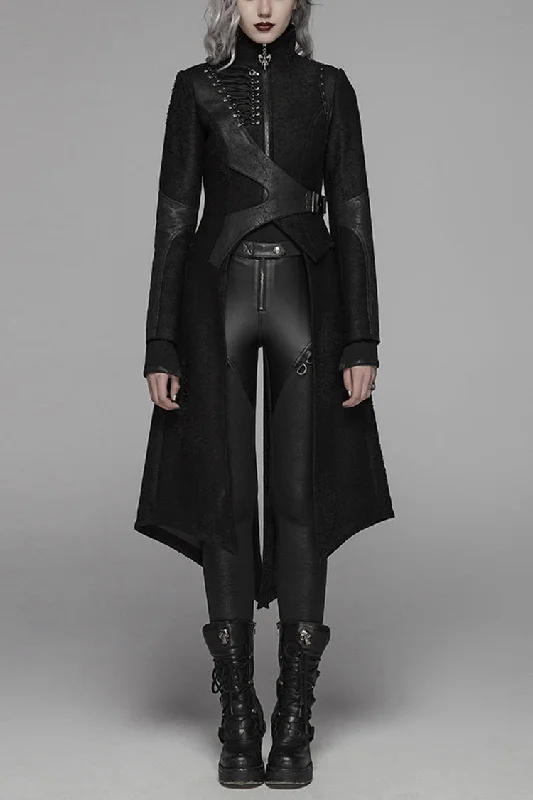 Black Stand Collar Long Sleeves Asymmetric Design Stitching Irregular Womens Steampunk Coat