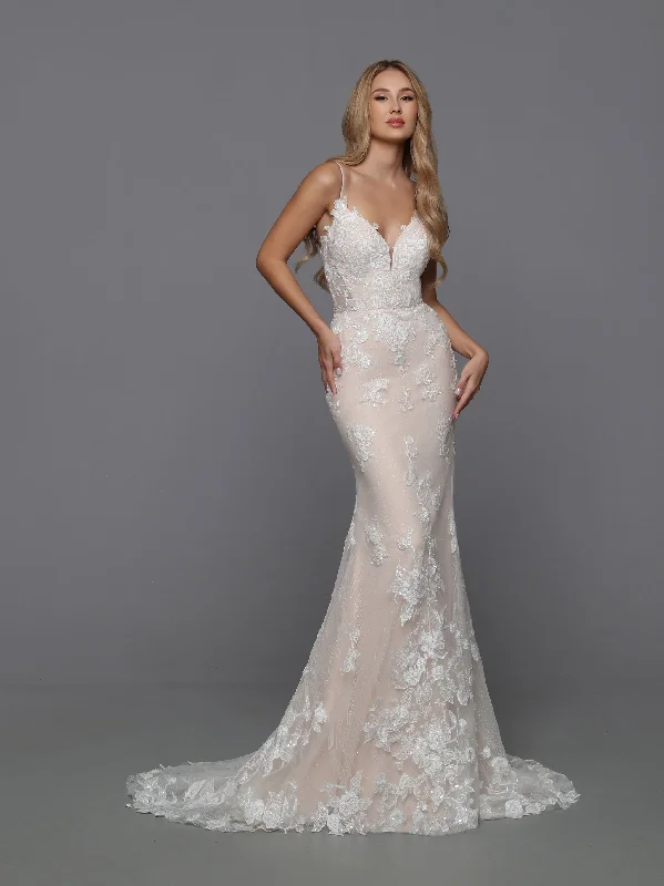 DaVinci Bridal 50777 Fit And Flare V-neck Lace Open Back Spaghetti Straps Floral Train Wedding Dress