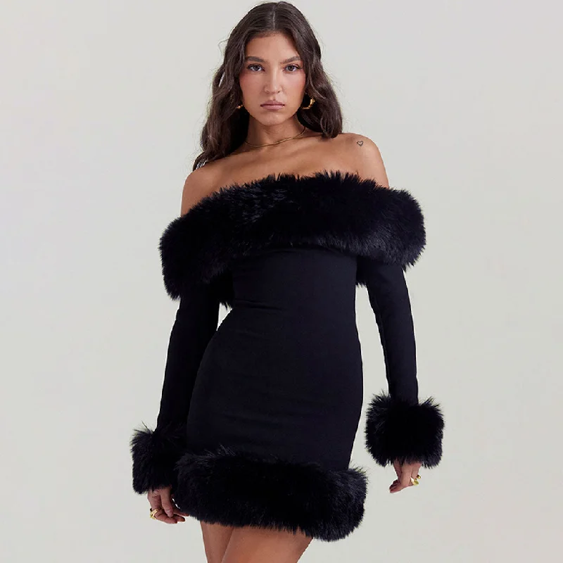 Opulent Faux Fur Trim Off The Shoulder Long Sleeve Mini Bodycon Party Dress