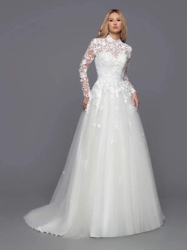 Davinci Bridal 50813 Long A Line Tulle Ballgown Wedding Dress Detachable Lace Long Sleeve High Neck