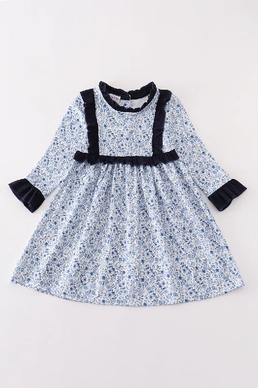 Blue floral print ruffle girl dress