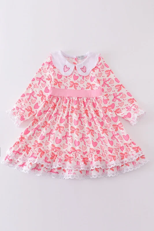 Pink valentine heart bow embroidery girl ruffle dress