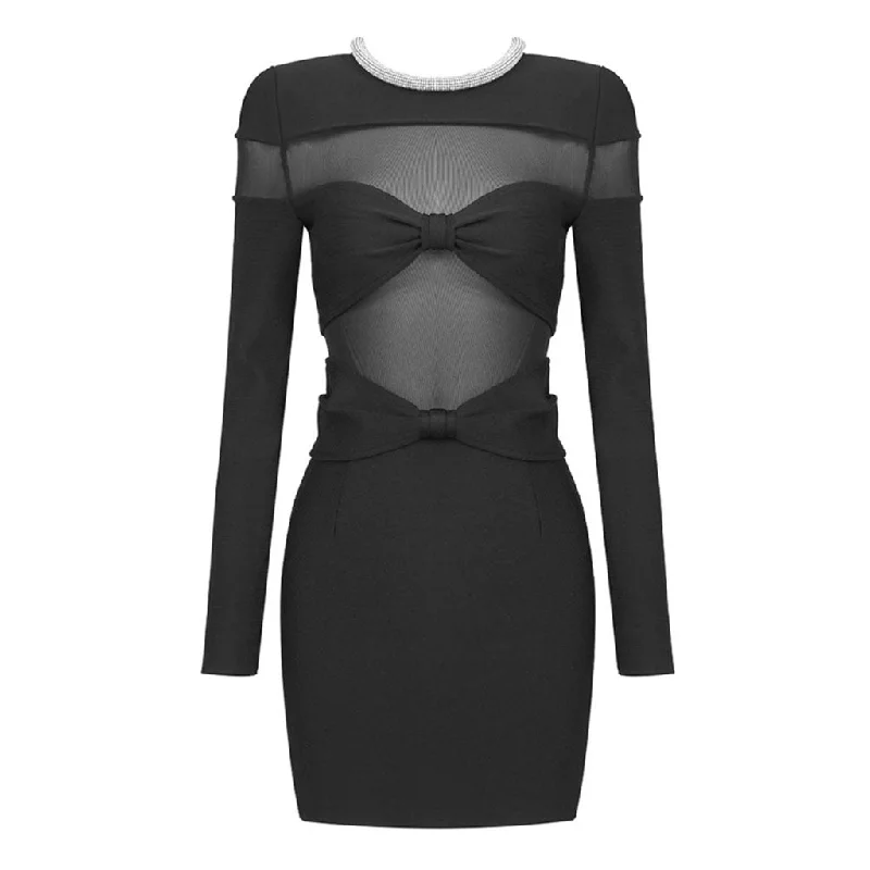 Sexy Crystal Bow Front Sheer Mesh Panel Long Sleeve Mini Bandage Dress