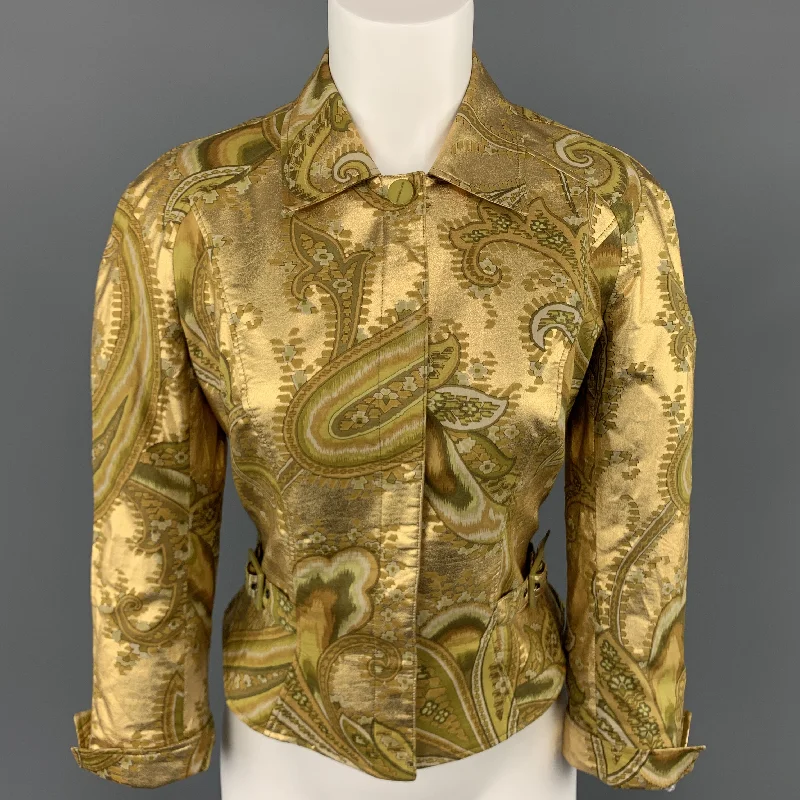 MUGLER Size 4 Metallic Gold & Green Paisley Cropped Jacket