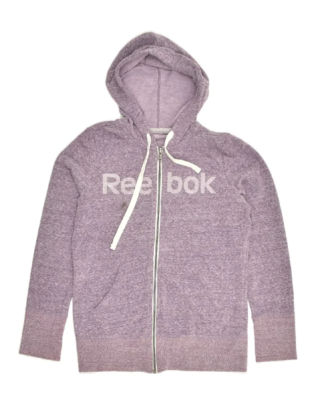 REEBOK Womens Graphic Zip Hoodie Sweater UK 14 Large Purple Flecked Cotton