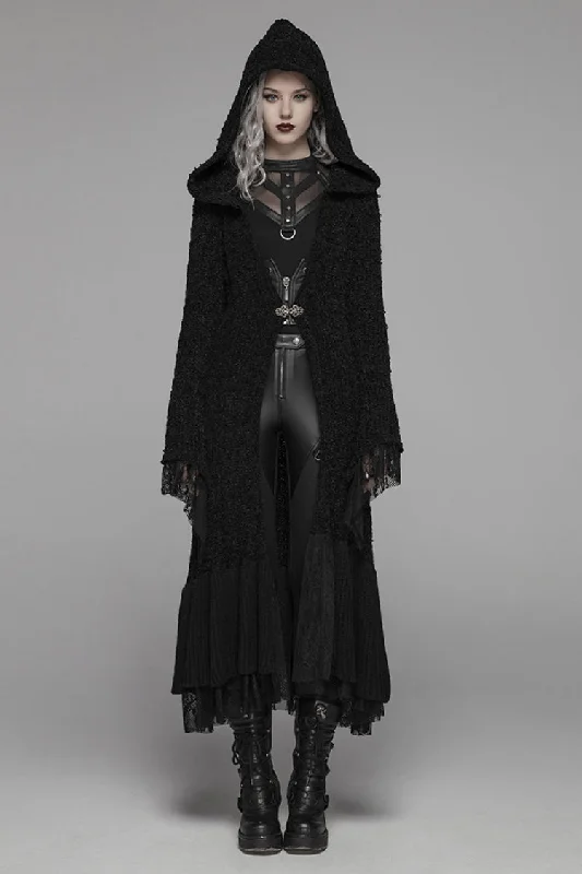 Black Long Sleeves Multi-layer Lace Hooded Women's Gothic Long Coat