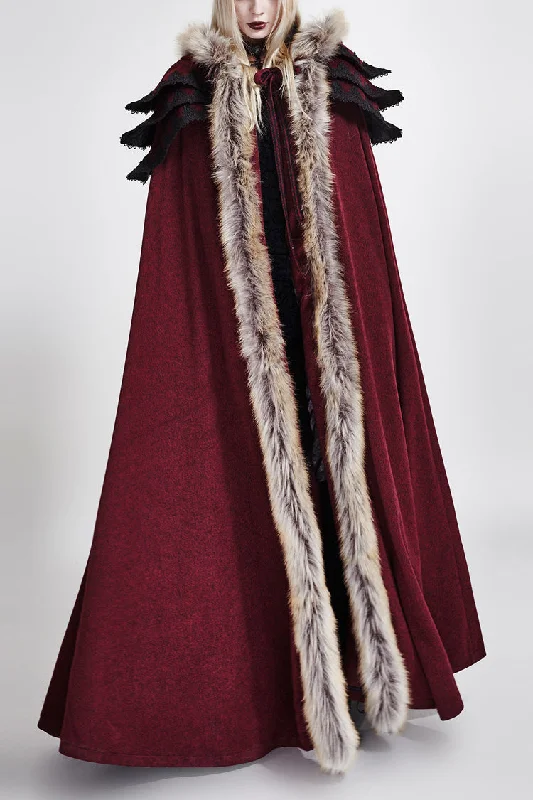 Red Hooded Fur Collar Wool Long Womens Gothic Coat Cloak