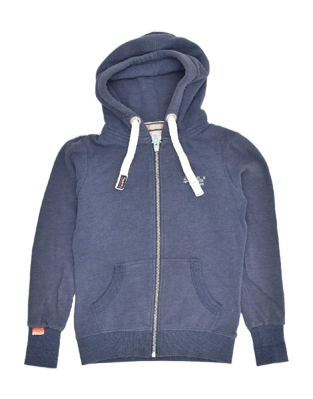 SUPERDRY Womens Zip Hoodie Sweater UK 8 Small Blue Cotton