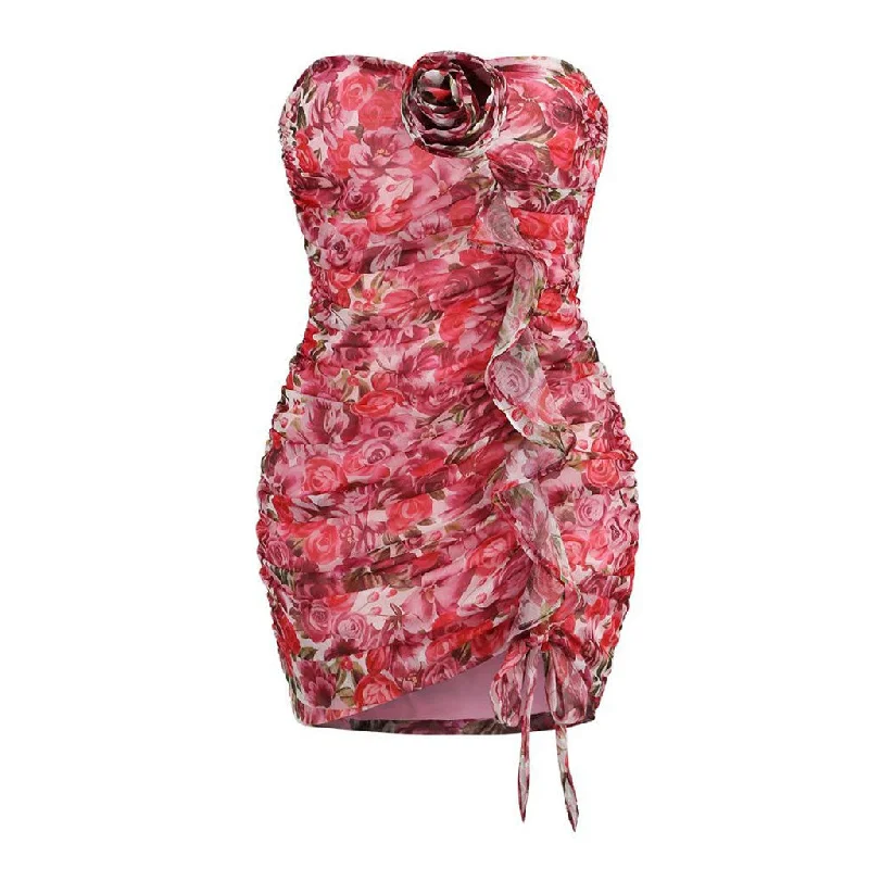 Feminine Floral Print Rosette Sweetheart Ruffle Trim Ruched Mini Tube Dress