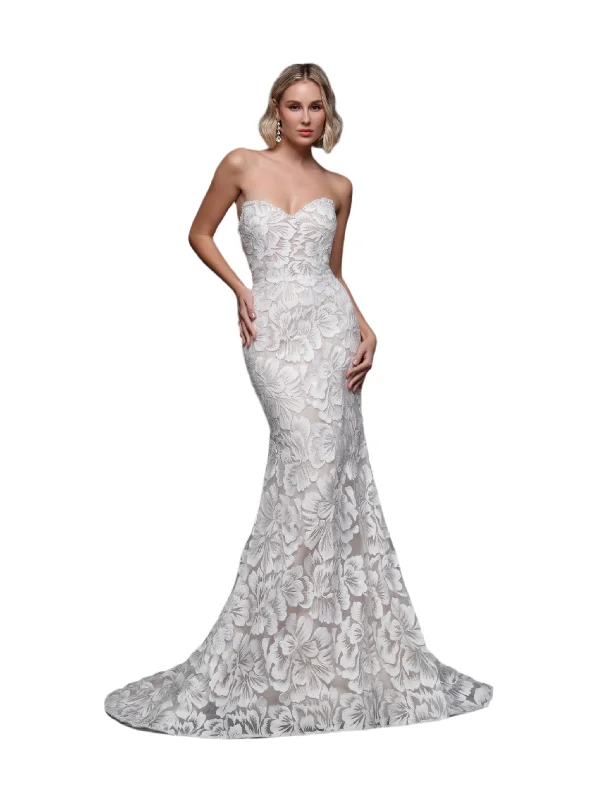 Davinci 50870 Size 6 Ivory Nude Embroidered Lace Wedding Dress Strapless Mermaid Beaded Bridal Gown