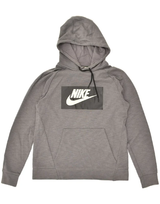 NIKE Womens Loose Fit Graphic Hoodie Jumper UK 14 Medium Grey Cotton