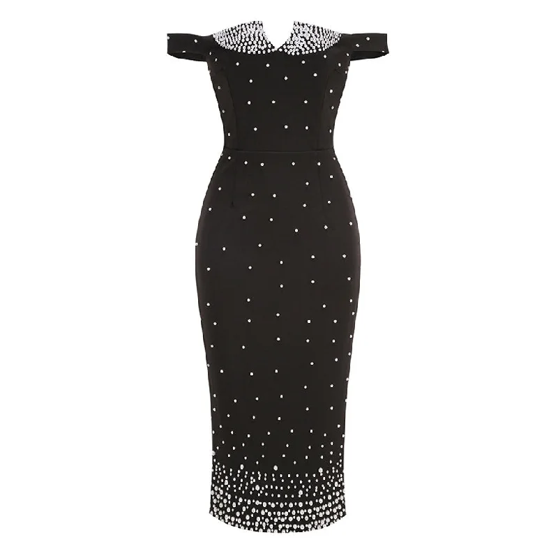 Elegant Off The Shoulder Faux Pearl Embellished Sheath Cocktail Midi Dress