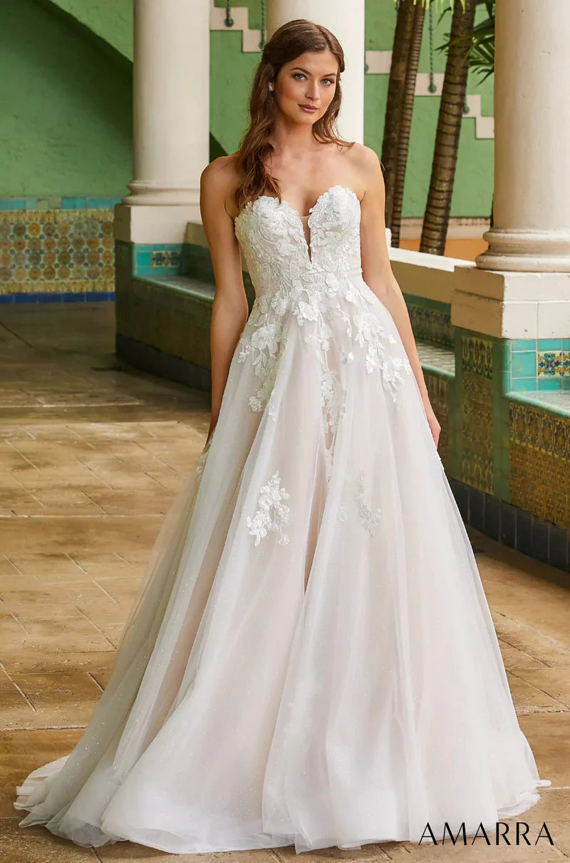 Amarra Bridal 84389 Madison A-Line Ballgown Sweetheart Neckline Strapless Floral Tulle Train Wedding Gown