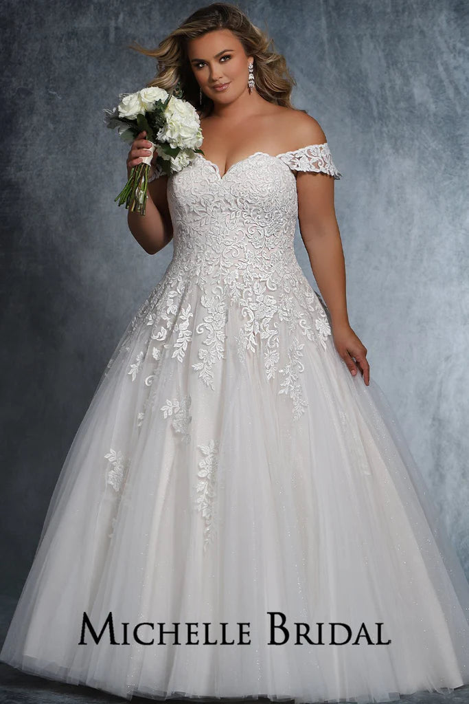 Michelle Bridal For Sydney's Closet MB2102 Ballgown Silhouette Soft Bridal Tulle Over Embossed Tulle With Floral Pattern Beading Embroidered Lace Appliques Clear Sequins Sweetheart Neckline Off-The-Shoulder Lace Straps Plus Size "Faith" Bridal Dress