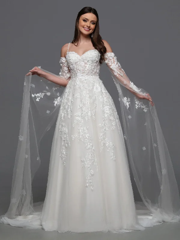 Davinci Bridal 50834 3D Lace A Line Wedding Dress Cape Sleeves Sheer Beaded Bridal Gown