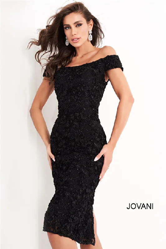 Jovani 04763 Off The Shoulder Knee Length Lace Fitted Short Formal Dress