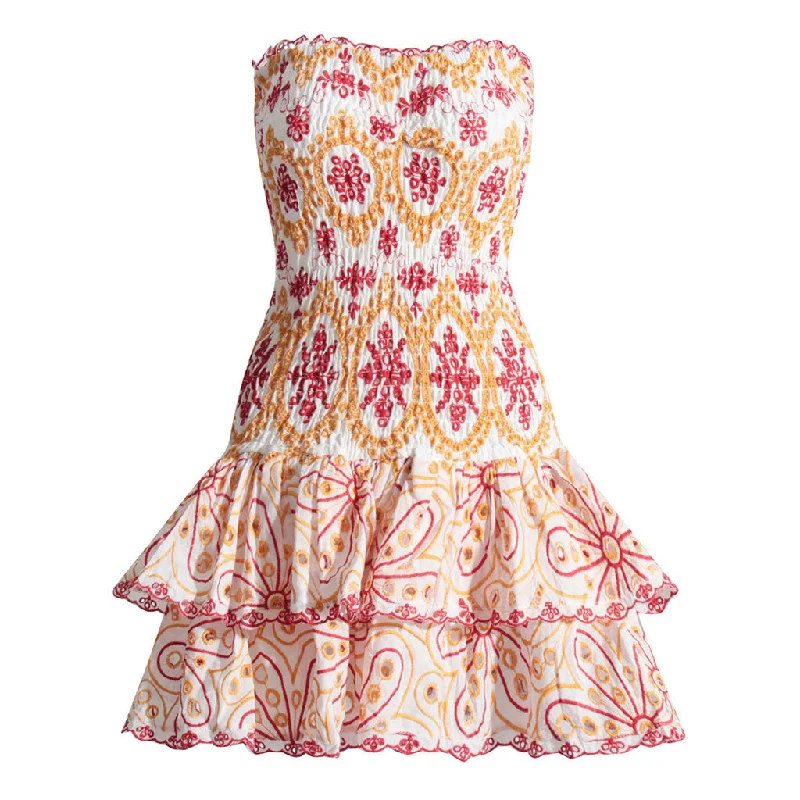 Boho Floral Strapless Smocked Broderie Anglaise Tiered Ruffled Mini Dress