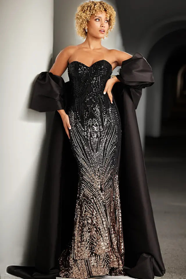 Jovani 38746 Long Prom Dress Beaded Embellished Strapless  Off Shoulder Satin Cape Formal Pageant Gown