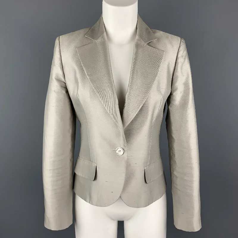 GIVENCHY Size 6 Silver Silk Shangtung Copped Blazer Jacket