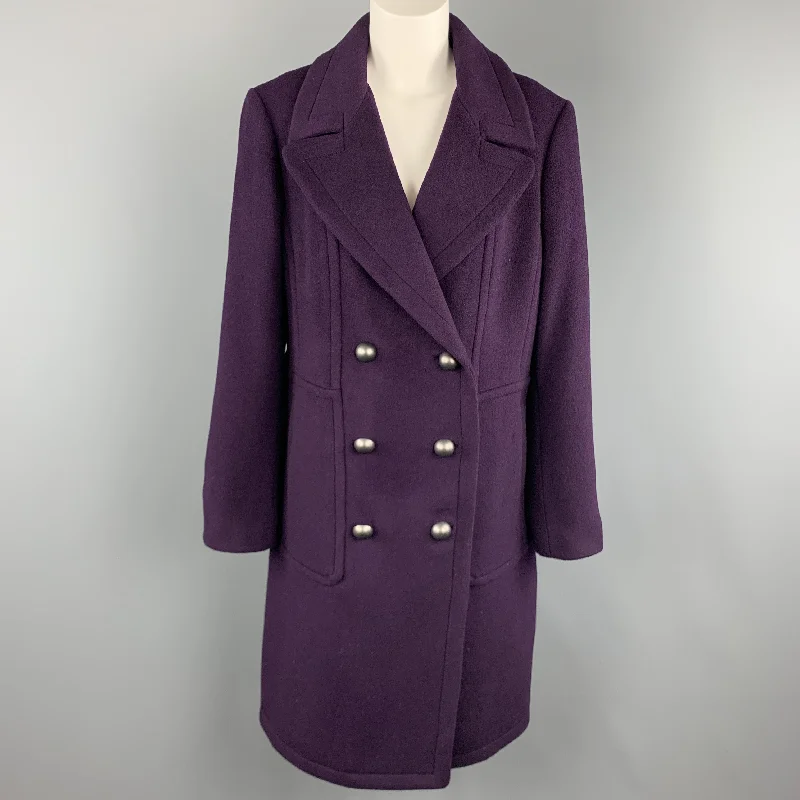 ELIE TAHARI Size L Purple Wool Blend Double Breasted Metal Button Coat