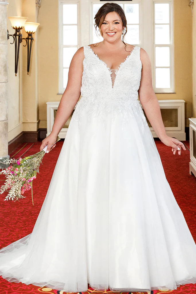 Michelle Bridal For Sydney's Closet MB2305 A-Line Floral Appliques Clear Sequins Bugle Beads Seed Pearls V-Neck Sleeveless Plus Size "Demi" Bridal Gown