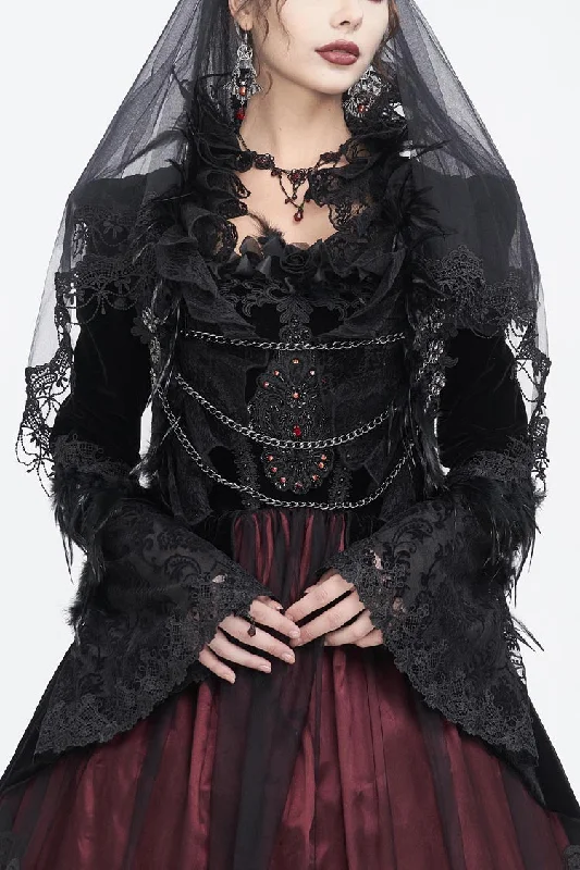 Black Stand Collar Trumpet Sleeves Embroidery Stitching Lace Women's Gothic Jacket