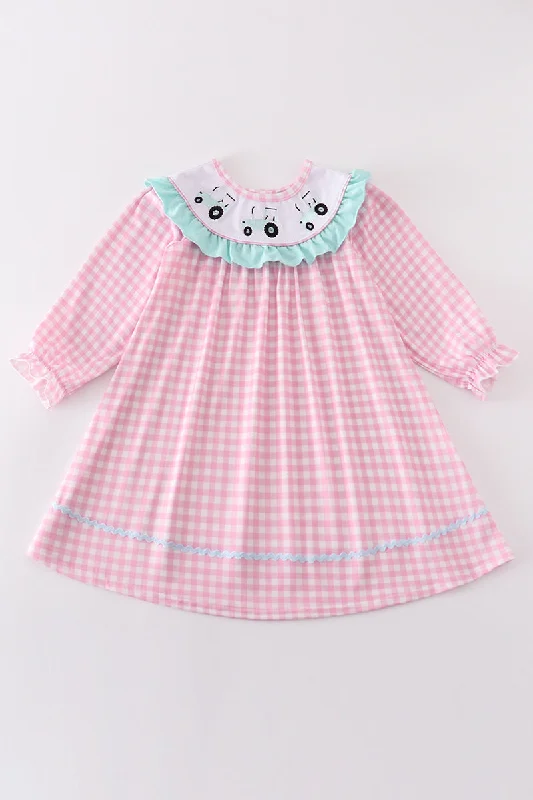 Pink tractor embroidery gingham dress