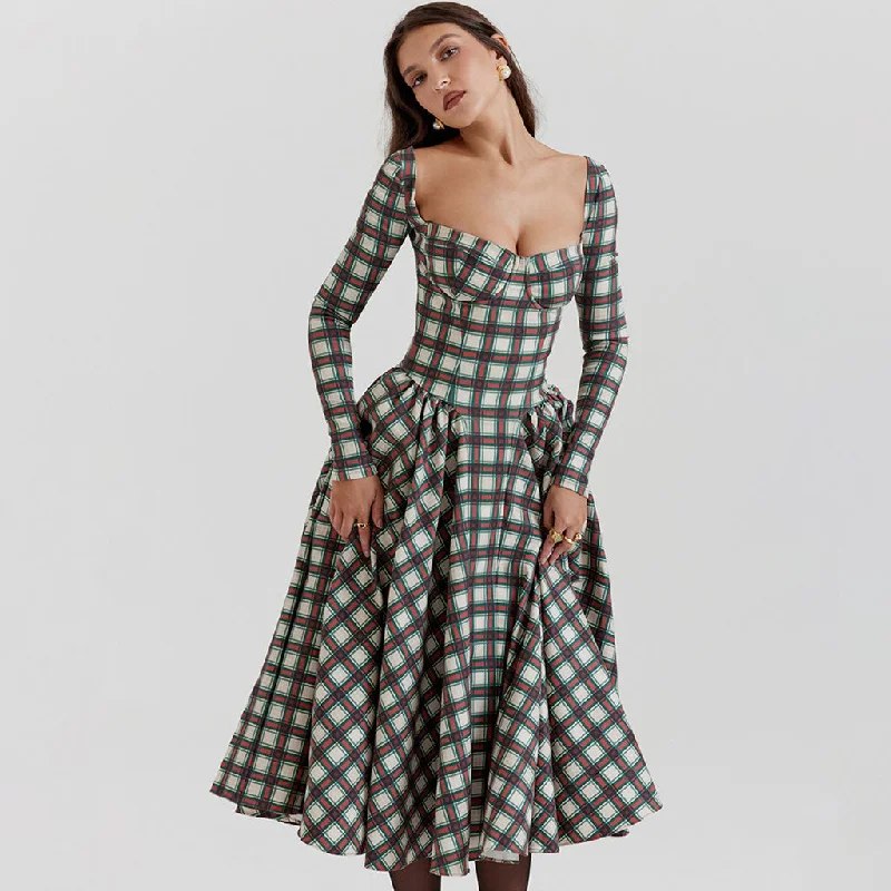 Vintage Bustier Tartan Pattern Pleated Winter Long Sleeve Midi Dress