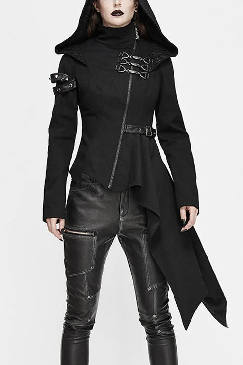 Black Hooded Asymmetrical Zipper Womens Punk Jacket