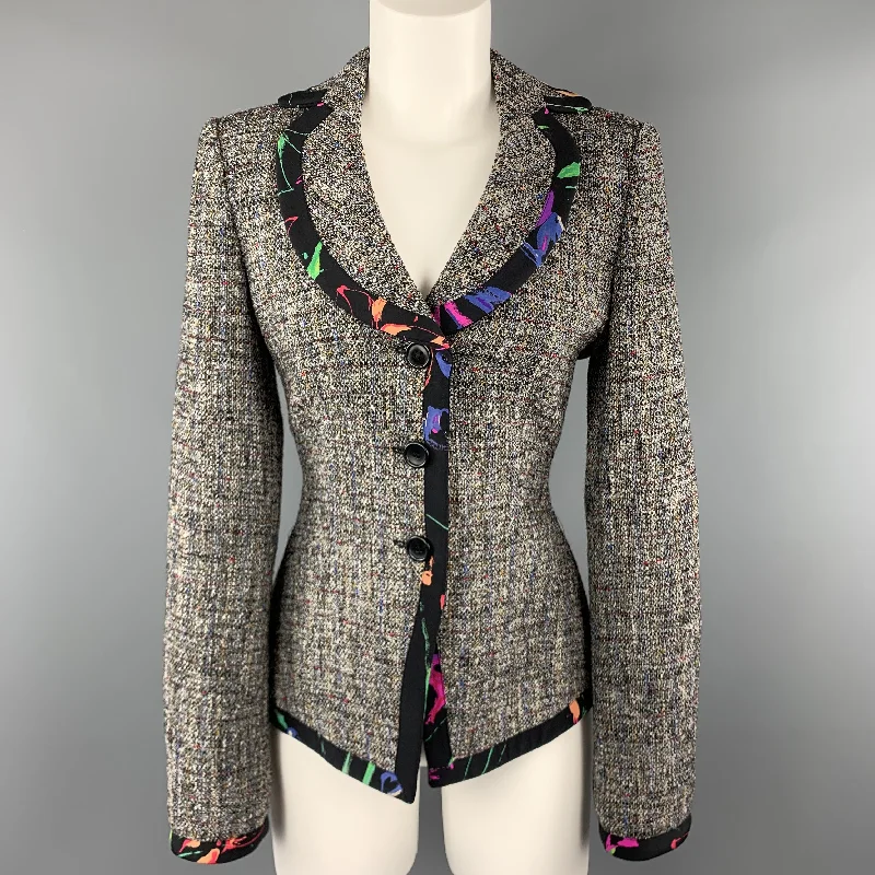 ARMANI COLLEZIONI Size 8 Grey Multi Color Tweed Floral Trim Blazer