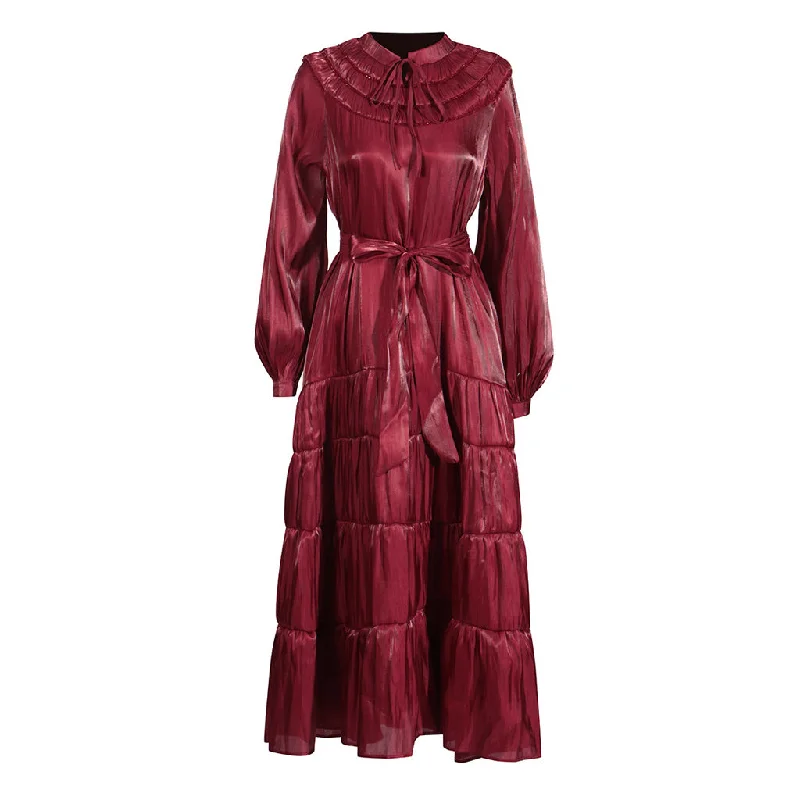 Regal Tie Neck Blouson Sleeve Ruched Belted Tiered Maxi Evening Dress