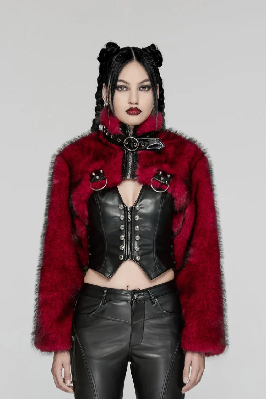 Red Stand Collar Long Sleeves Women's Punk Faux Fur Short Jacket