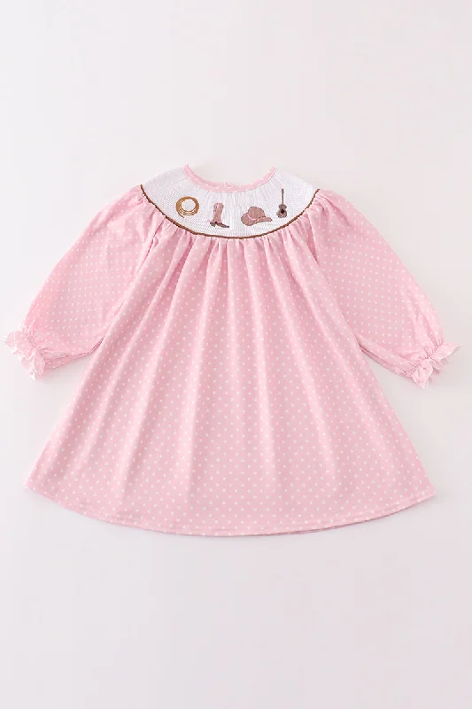 Pink dot smocked western embroidery girl dress