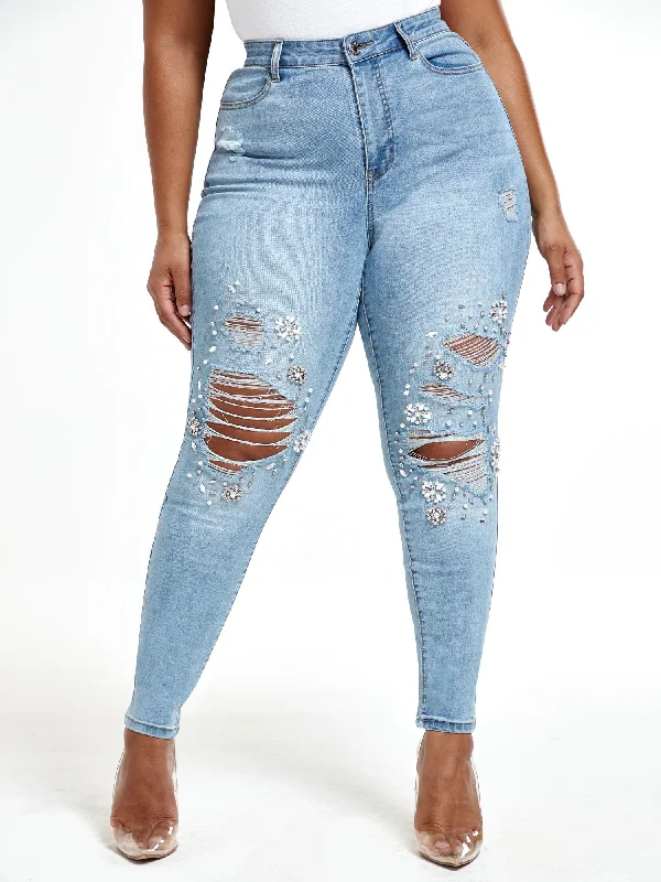 Light Wash High Rise Rhinestone Skinny Jeans - Short Inseam