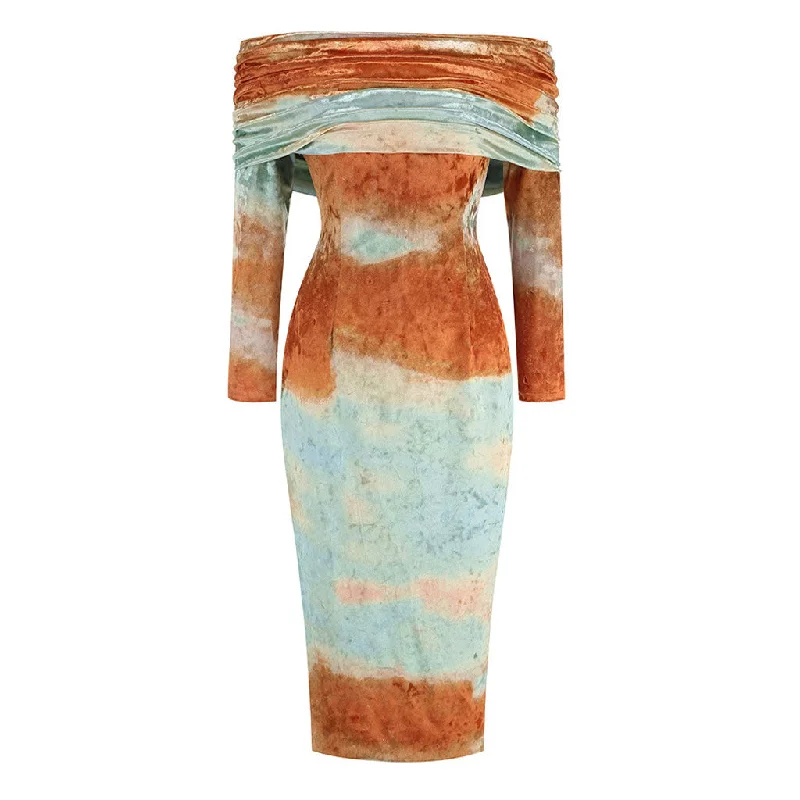 Magnificent Tie Dye Foldover Off Shoulder Velvet Bodycon Midi Cocktail Dress