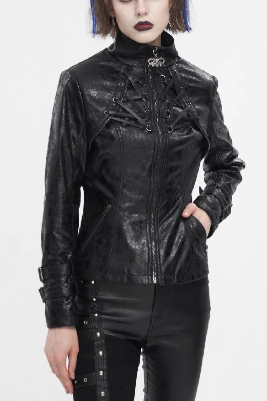 Black Stand Collar Crackled Buckle Women's Punk Jacket