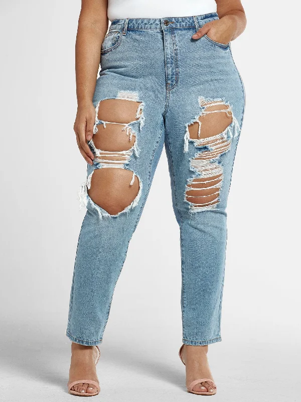 High Rise Blowout Straight Leg Jeans - Short Inseam