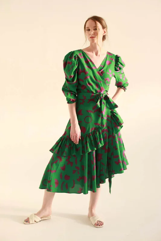 Green Garden Cotton Silk Wrap Dress