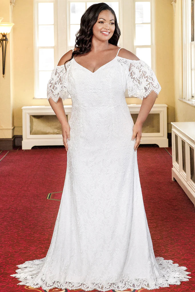 Michelle Bridal For Sydney's Closet MB2306 Slim Sheath Boho Lace With Eyelash Trim Bridal Tulle V-Neck  Plus Size "Kahlo" Bridal Gown