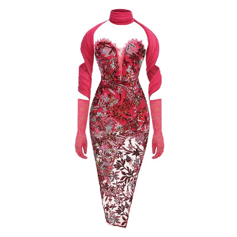 Unique Gloved Scarf Sequin Floral Embroidered Mesh Eyelash Strapless Midi Dress