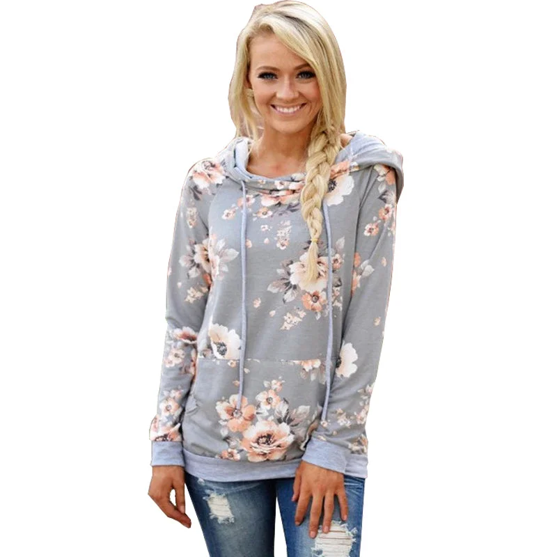 Printed Floral Hoodies Women 2017 Autumn Winter New Fashion Casual Gray Hooded Sweatshirt Female Long Sleeve Pullovers