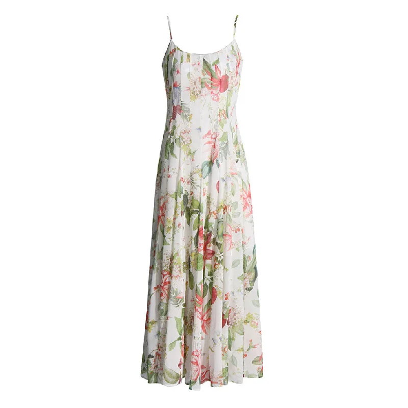 Flowy Floral Print Scoop Neck Cami Chiffon Pleated Vacation Maxi Sundress