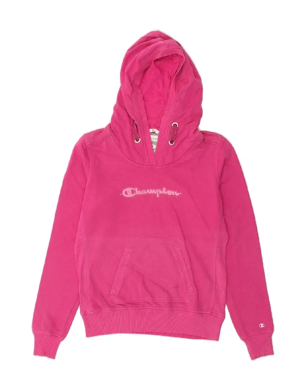 CHAMPION Womens Graphic Hoodie Jumper UK 12 Medium Pink Cotton