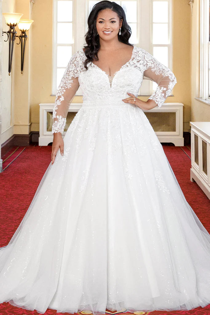 Michelle Bridal For Sydney's Closet MB2316 A-Line Embroidered Floral Appliques Clear Sequins Bugle Beads Petal Beads Bridal Tulle Floral Lace Long Sleeves Covered Buttons V-Neck Plus Size "Cleo" Bridal Gown