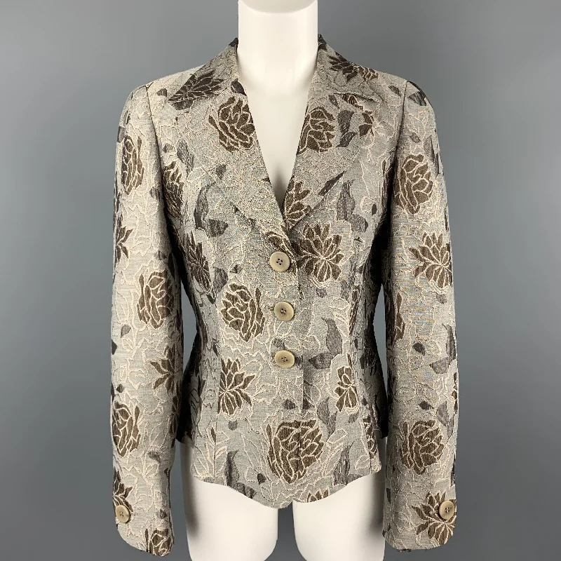 ARMANI COLLEZIONI Size 8 Grey & Taupe Floral Print Bell Sleeve Blazer