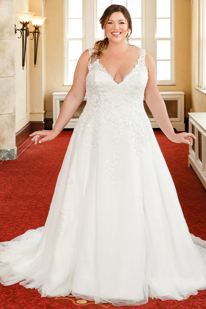 Michelle Bridal For Sydney's Closet MB2307 A-Line Soft Bridal Tulle Floral Appliques Clear Sequins V-Neck Sleeveless Plus Size "Hermione" Bridal Gown